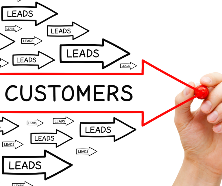 Graphic of a hand drawing a red arrow pointing to the right with the word "customers" on it. The red arrow is outpacing other black arrows with the word "leads" on them, showing the importance of converting leads into customers.